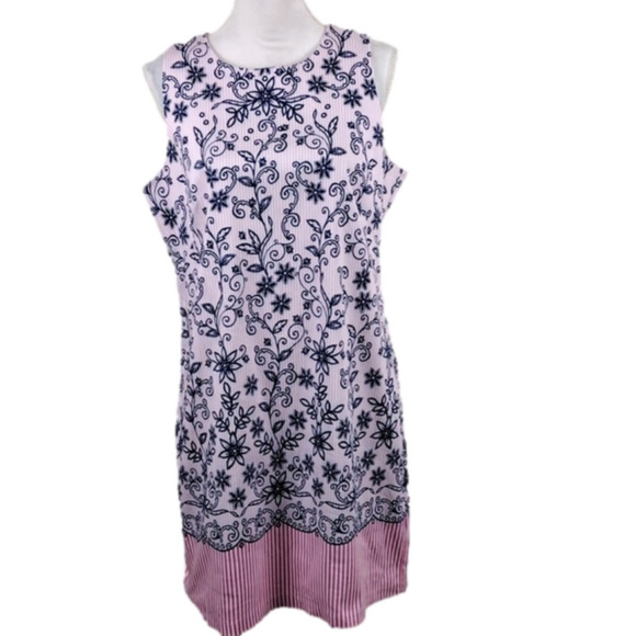 London Times Pink Pin Striped Blue Floral Sleeveless Zipper Back Shift Dress - Picture 1 of 10